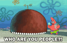 a cartoon of patrick from spongebob squarepants standing next to a giant rock that says who are you people