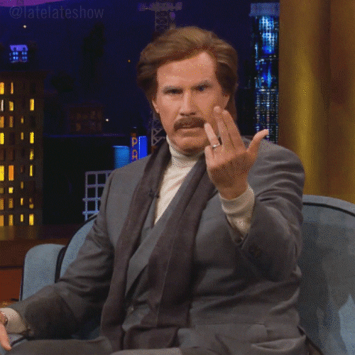 TV gif. Actor Will Ferrell as Ron in Anchorman stares straight at the camera with a serious expression. He holds his hand out, motioning to come closer. 