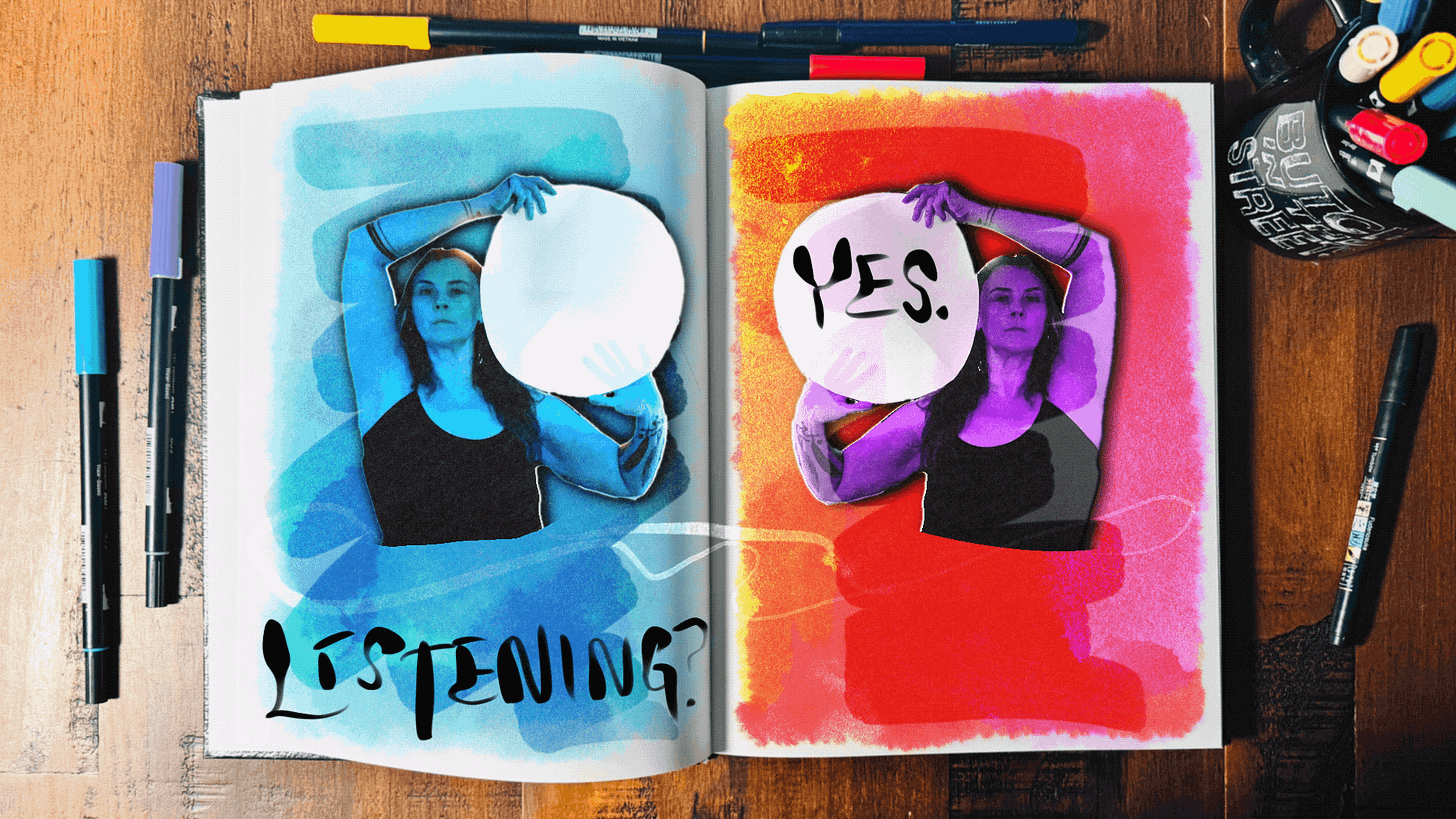 looping animation saying yes? listening. superimposed with blue and red color blocks and cutouts of lisette holding a white circle over a photo of her sketchbook.