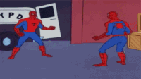Meme gif. 60s cartoon Spider-Man points at another Spider-Man pointing back at him.