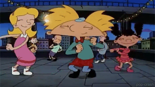an animation of a dance party scene from 'hey arnold', with lila, arnold himself, and timberly in the forefront