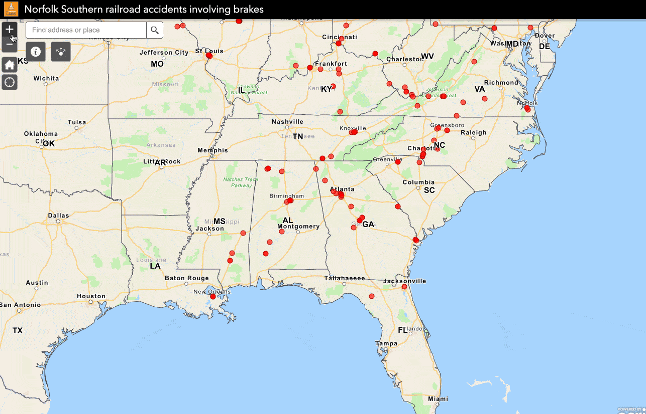 Mapping brake related accidents reported by Norfolk Southern