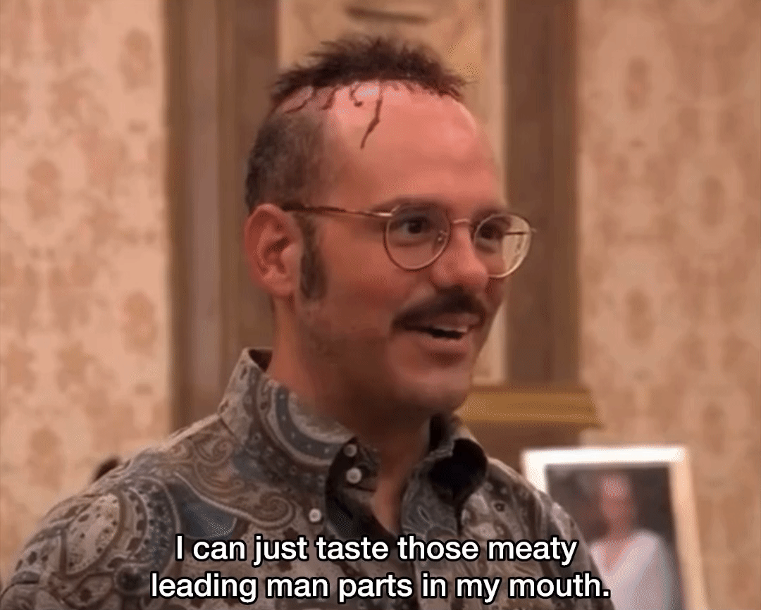 A gif of Tobias Fünke, played by David Cross, from the TV show "Arrested Development." Tobias has new hair plugs that look very bad and is bleeding from his head from the procedure. Text on the gif reads "I can just taste the meaty leading man parts in my mouth." 