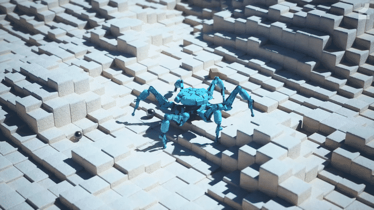 The robot is walking uphill and gets hit by multiple heavy boxes, pushing it backwards. The robot is walking uphill and gets hit by multiple heavy boxes, pushing it backwards.