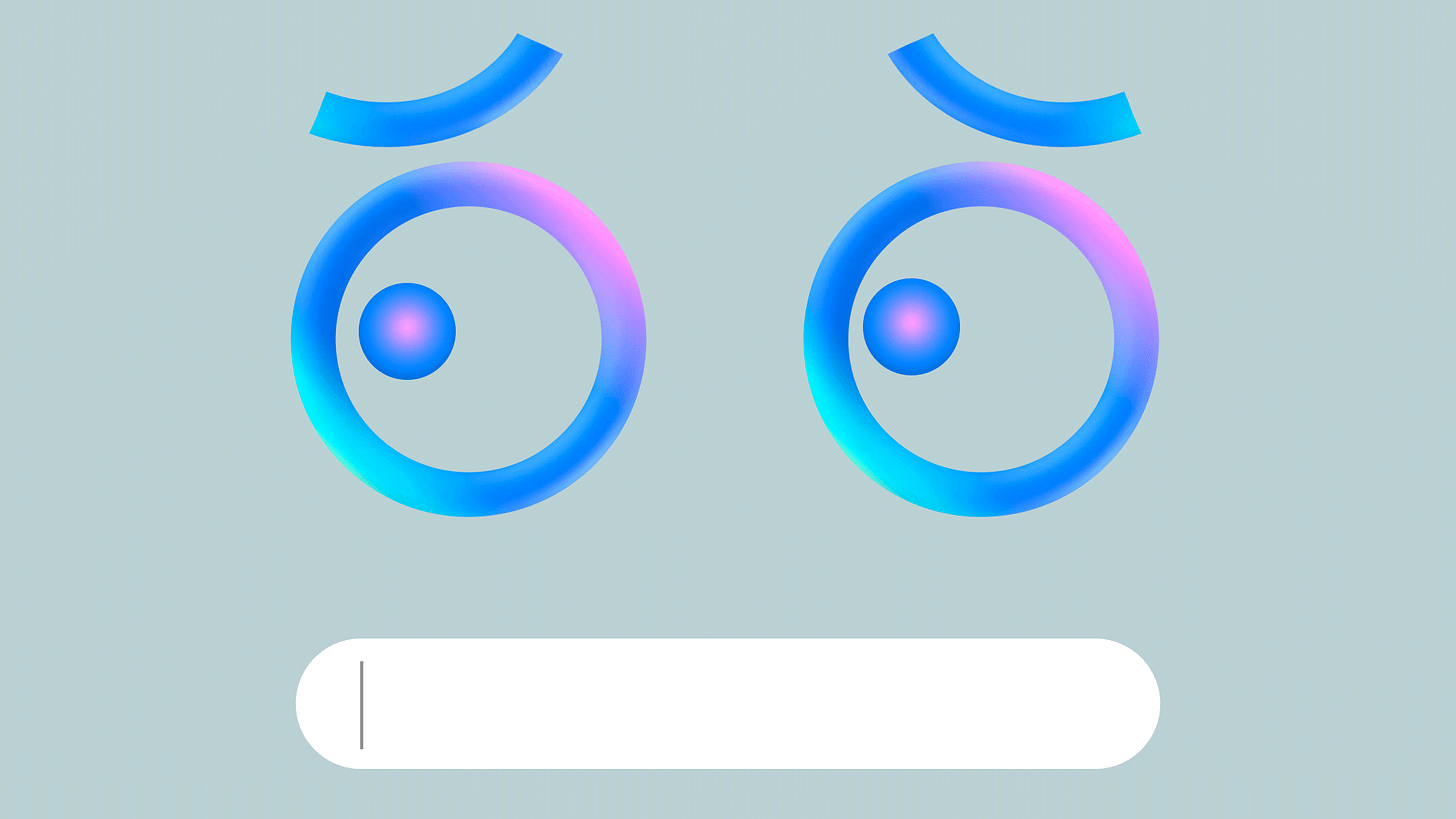Animated illustration of a nervous face formed from eyes made of the logo from Meta AI's assistant and a mouth made from a search bar with a blinking cursor.