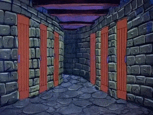 Scooby doo doors trope - a monster chase scene where the characters run in and out of different doors