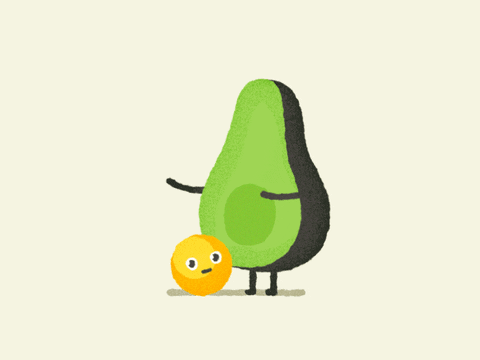 Animated avocado keeps trying to put its seed back into its stomach as the seed falls out