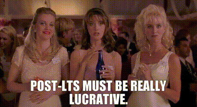 Gif from Romy and Michele's High School Reunion of Christie and her fellow A group people at the reunion, saying "Post-Its must be really lucrative."