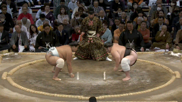 Grand Sumo: Tsurugisho (black) defeats Hokuseiho (teal).