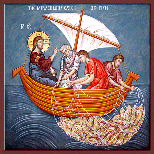 A traditional icon styling of the miraculous catch of fish, showing figures in a boat drawing up a full net of fish.
