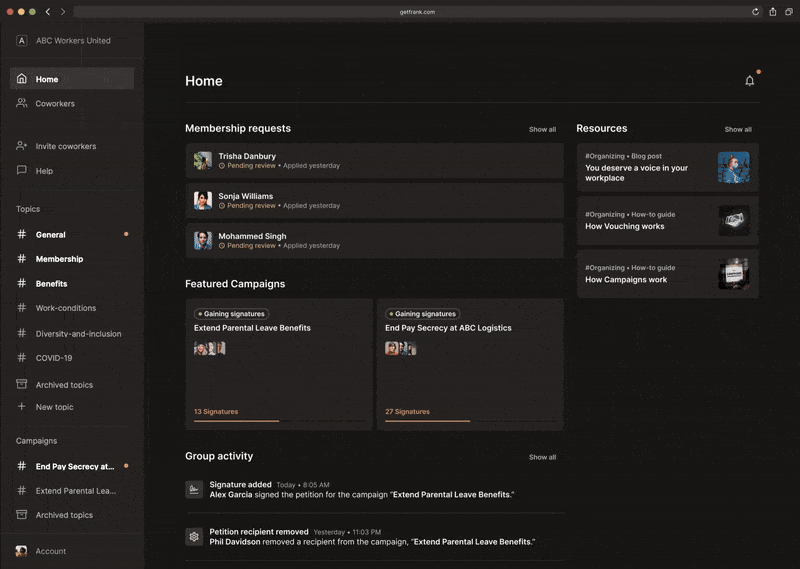 GIF demo of Frank, a workplace organizing app including features like membership tracking and featured campaigns (e.g. “Extend Parental Leave”).