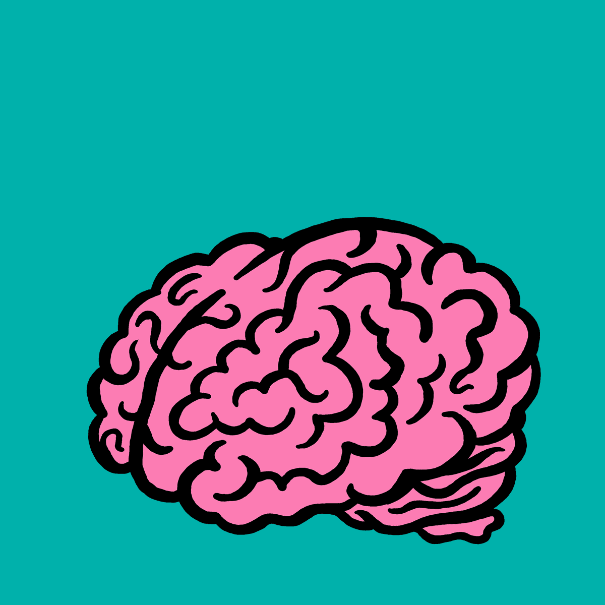 An image of a brain farting. The brain is pink with a black outline. It is on a teal background. The fart is yellow.