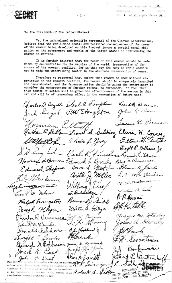 Oak Ridge petition, mid-July 1945, page 1