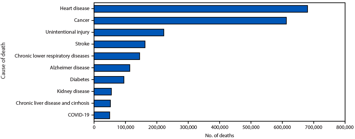 The figure is a bar chart showing the leading underlying causes of death in the United States during 2023 according to the National Vital Statistics System.