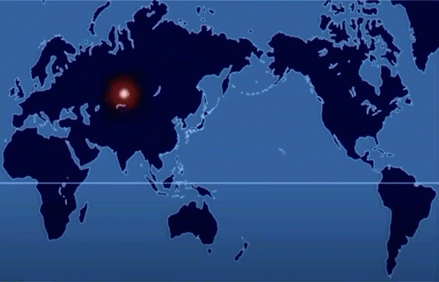 animating every atomic detonation during this time span on a world map, with different colors and tones indicating the nation responsible for each detonation