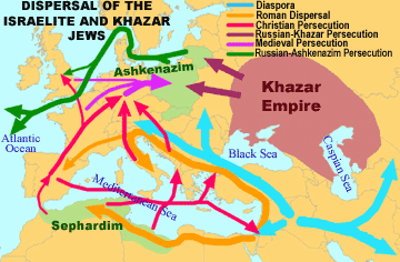 Dispersão dos israelistas e judeus khazar. Imagem: http://www.khazaria ...
