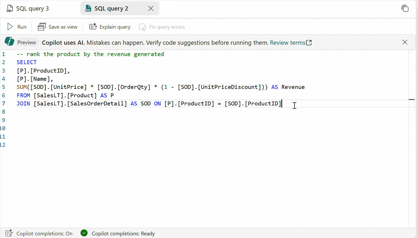 A GIF showing a user typing code to rank products by revenue generated, with Copilot actively autocompleting the code in real-time, suggesting the appropriate SQL syntax and logic.