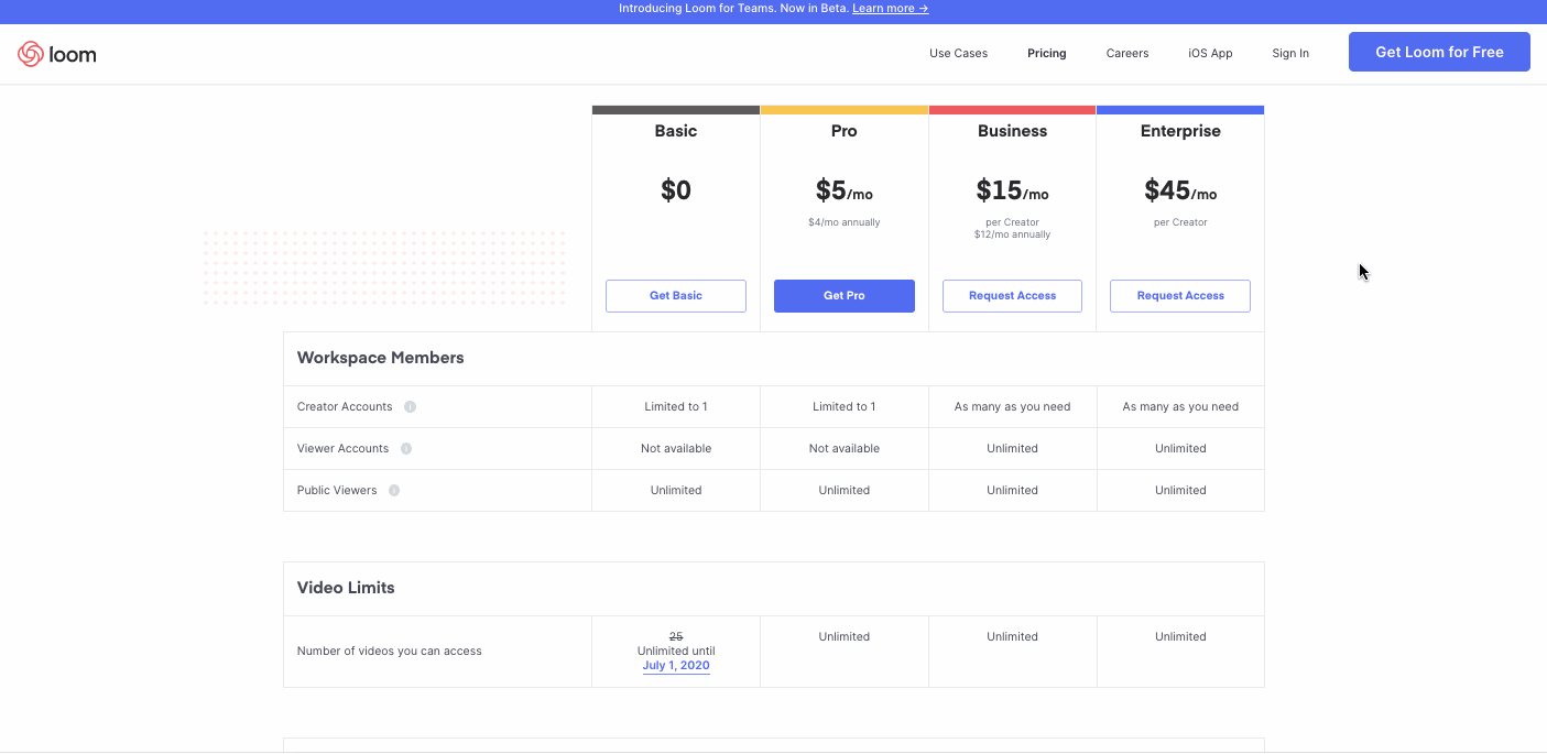 Loom pricing page showing Basic, Pro, Business, and Enterprise plans with details on cost, user limits, and video access Loom pricing page showing Basic, Pro, Business, and Enterprise plans with details on cost, user limits, and video access