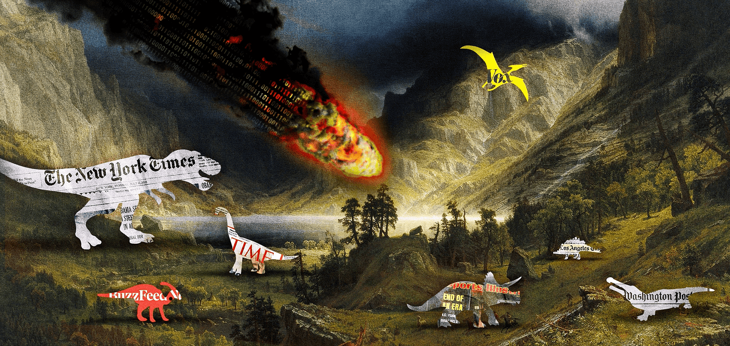 Illustration of various media companies as dinosaurs with a meteor made from binary code in the sky.