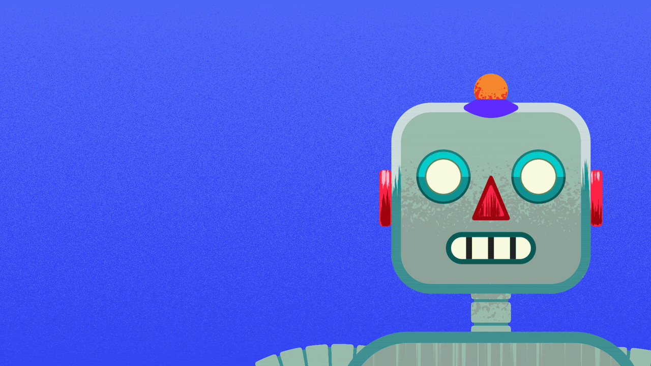 Animated illustration of a robot putting a beret on its head and growing a goatee.