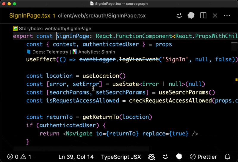 Screenshot of OpenCodeGraph annotations in VS Code