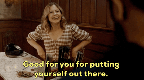 A gif of Rose McIver, from Ghosts, saying "Good for you for putting yourself out there."