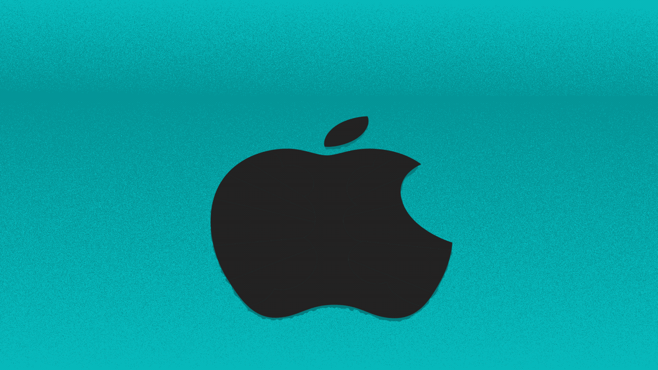 Animated illustration of a gavel smashing the Apple logo until only a core is left. 