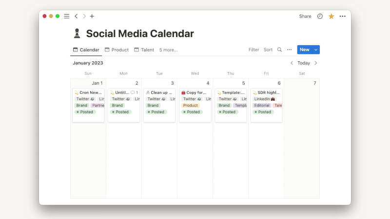 This social media calendar in Notion shows posts from January and February, displayed week-by-week. The user toggles through consecutive weeks using arrow keys at the top right of the database view.