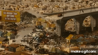 Idiocracy City View with Cars dropping off Freeway. AKA ...