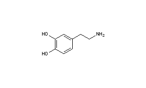 A diagram of the chemical structure of dopamine.