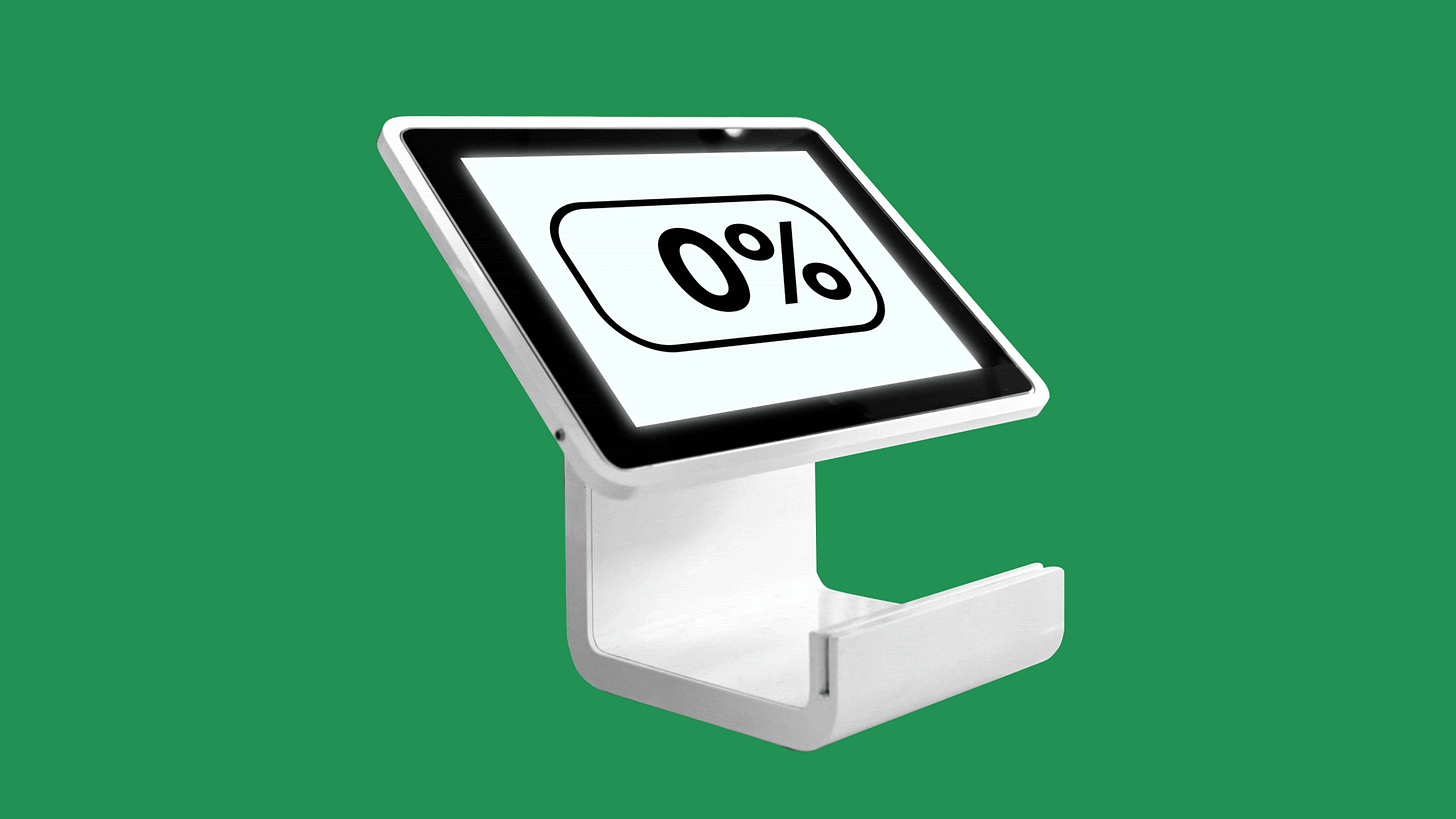 Illustration of a payment tablet with a tip button showing numbers changing from zero to 20 percent.