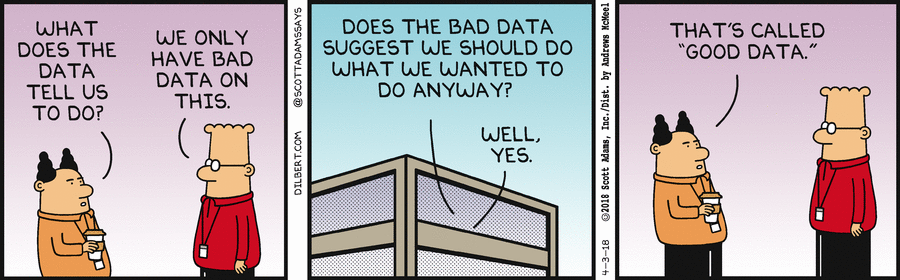 A Dilbert cartoon about bad data, featuring an interaction between the point-haired boss and Dilbert. 