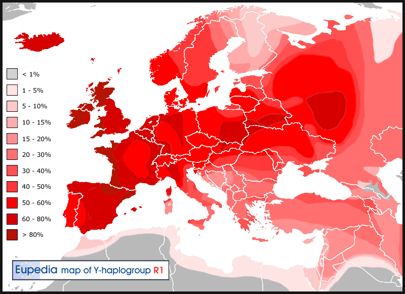 Distribution map of haplogroup R1 in Europe