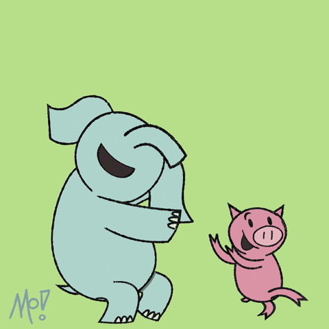 Cartoon characters: Gerald the Elephant and Piggie of Mo Willem's creation, dance against changing color background of yellow to green. Yay! in brightly colored speech bubble above them.