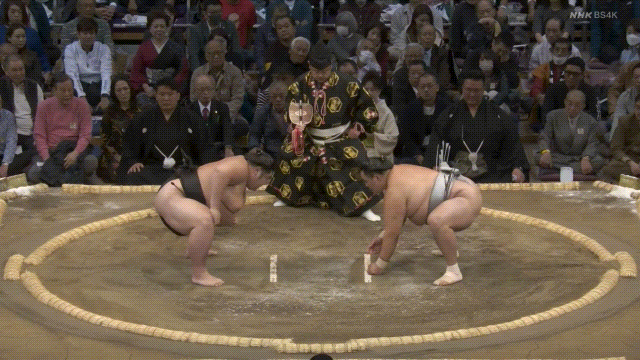 Tamawashi (silver) defeats Tsurugisho (black).