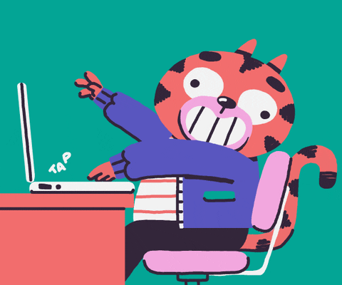Digital art gif. A tiger has their arms outstretched and is banging at their keyboard, fake-working hard. They stare wide-eyed at us and endlessly hits a keyboard