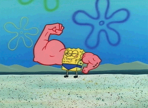 SpongeBob gif. SpongeBob stands in a blue speedo on a sandy floor, muscular, disproportionately massive pink arms repeatedly flexing to either side. When they flex, the muscles form into words, "Thank you."