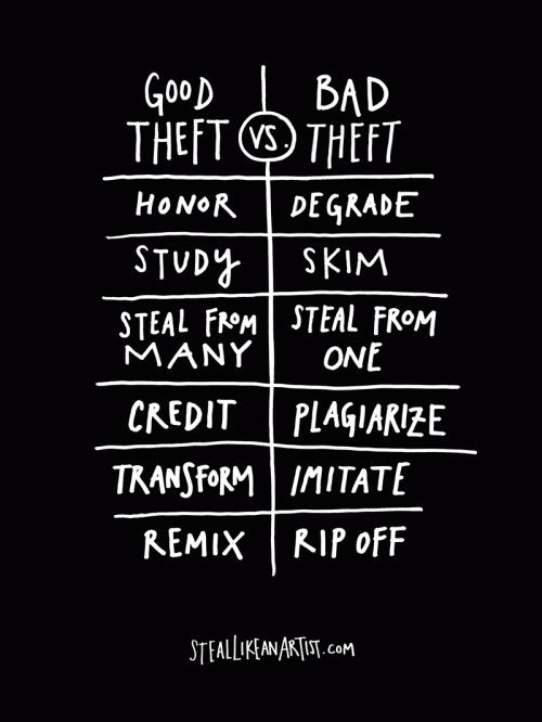 Good theft vs. Bad theft poster by Austin Kleon. On the left: Honor, study, steal from many, credit, transform, remix. On the right: degrade, skim, steal from one, plagiarize, imitate, rip off. At the bottom: Steallikeanartist.com