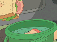 GIF of Ponyo as a fish jumping up and stealing the ham out of a sandwich.