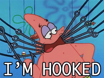 Patrick from Sponge Bob with multiple fishing hooks in his mouth, saying "Im Hooked" GIFs | Tenor