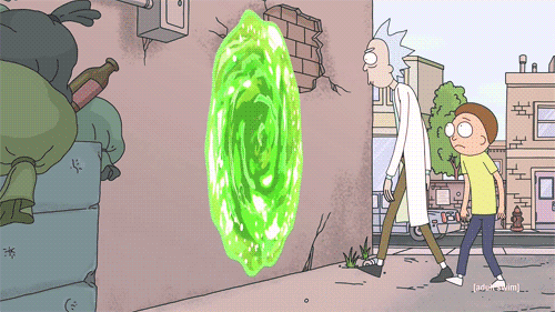 Gif di Rick e Morty che attraversano un portale in un muro e si ritrovano in un altro mondo.