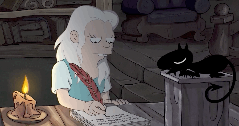 Gif dalla serie tv "Disincanto" di Matt Groening con una principessa dai capelli bianchi che scrive un manoscritto mentre un mostriciattolo nero le siede accanto sul tavolo. A sinistra è accesa una candela.