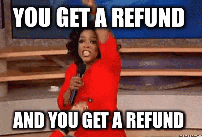 a woman in a red dress is holding a microphone and saying `` you get a refund and you get a refund ''