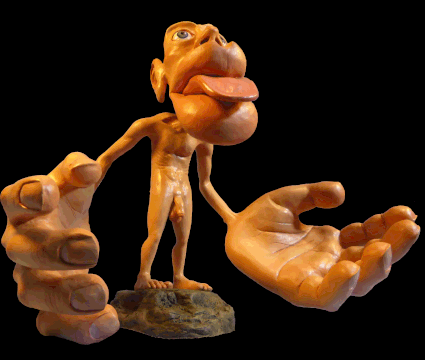 Sharon Price-James' sensory homunculus from the front; giant hands, eyes, tongue, genitals; small feet, legs, arms, and torso