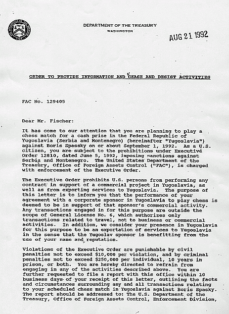 Department of the Treasury letter to Bobby Fischer - Chess.com
