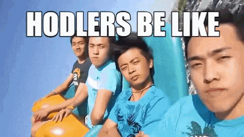a group of young men are sitting on a roller coaster with the caption " hodlers be like " above them