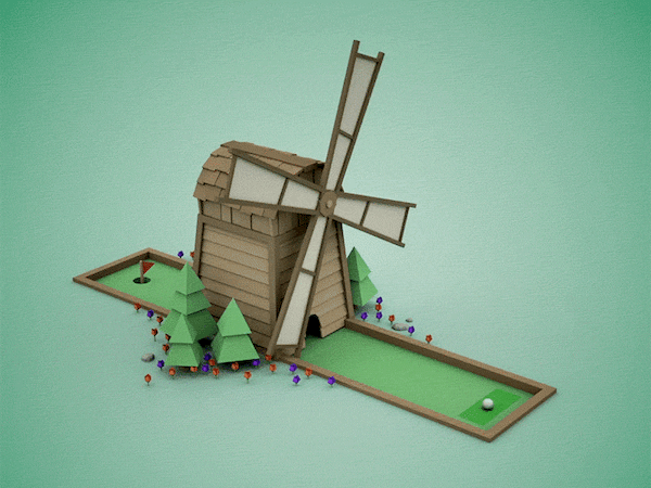 A mini golf hole with a spinning windmill blocking access to the hole