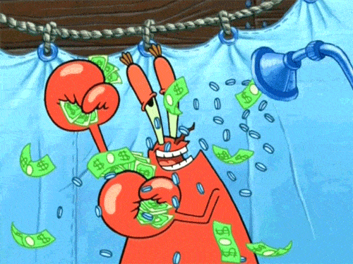 Spongebob Krabs showering in money GIF - MavSocial