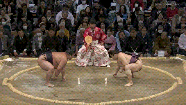 Grand Sumo: Shonannoumi (black) defeats Endo (purple).