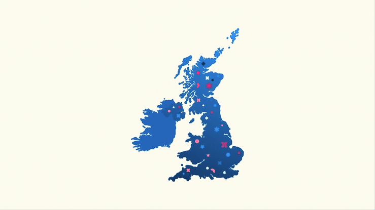 Stylised map of UK leans backwards and icons rise from it, denoting disciplines of arts and humanities research. Icons begin to connect and two avatars join the pictoral interpretation of disciplines interacting 